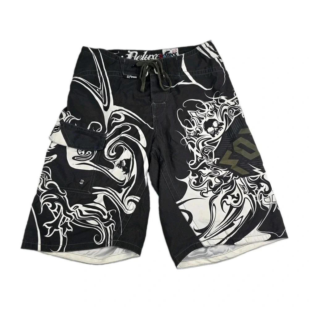 Fox Racing Deluxe Boardies Mens Size 32 Black White Board Shorts Swim Bottoms
